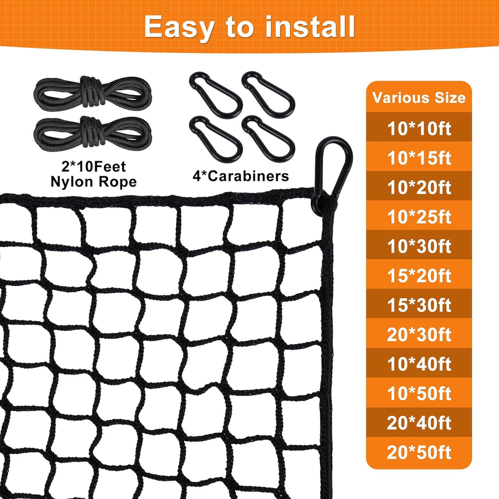 Nylon Golf Net 10-50ft - Durable Weatherproof Hitting Net With Rope & Carabiners for Baseball, Hockey, Soccer