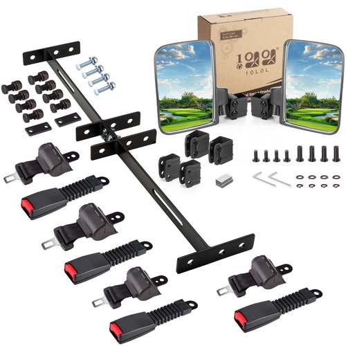 10L0L Golf Cart Mirror Side Rear View Mirror No Drilling and Seat Belts of 4 Retractable Belts 42" with Bracket Golf Cart Street-Legal Upgrades Fits Yamaha G2-G22 EZGO TXT RXV Club Car DS EV Star