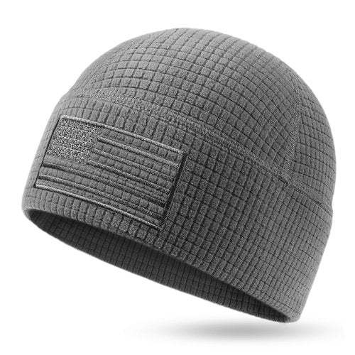 OUTDOOR SHAPING Grid Fleece Beanie with American Flag Embroidery Waffle Tactical Army Military Skull Cap Grey