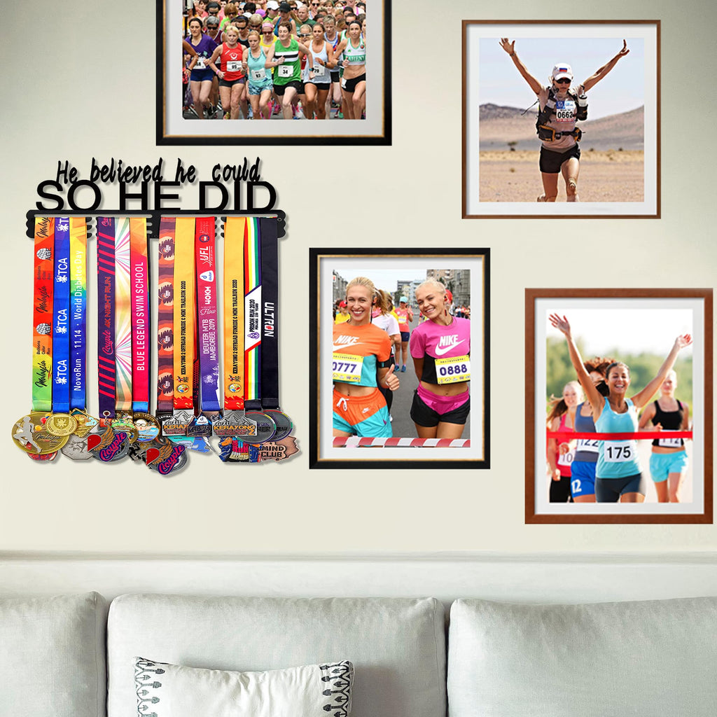 Goutoports Personalized Medal Hanger Display He Believed He Could So He Did | Holds 60+ Medals | Sturdy Black Steel Sports Medal Holder Rack for Men & Boys | Inspirational Gift for Athletes