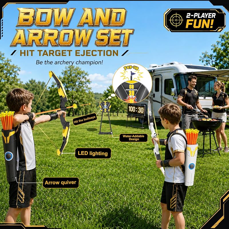 Black 2-Pack Kid Archery Set with Standing Pop-Up Target, LED Light Bows, 20 Suction Arrows & 2 Quivers