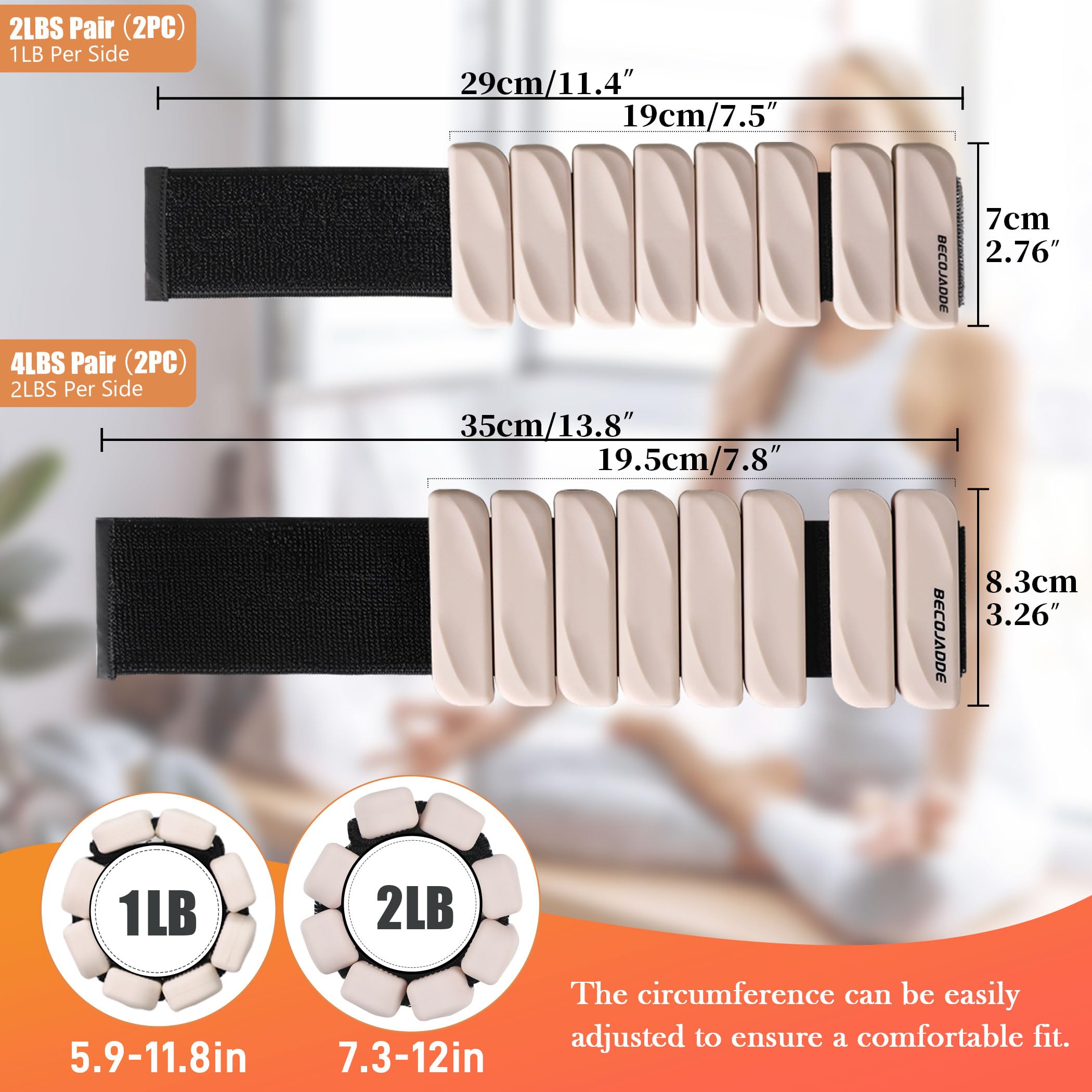 BECOJADDE Ankle Weights Set of 2 (1 lb/2 lb Each) for Women Men Adjustable Wrist Bracelet for Home Gym Weighted Bangles Wristbands Leg Arm Weights for Walking Swimming Running Pilates Yoga Gym