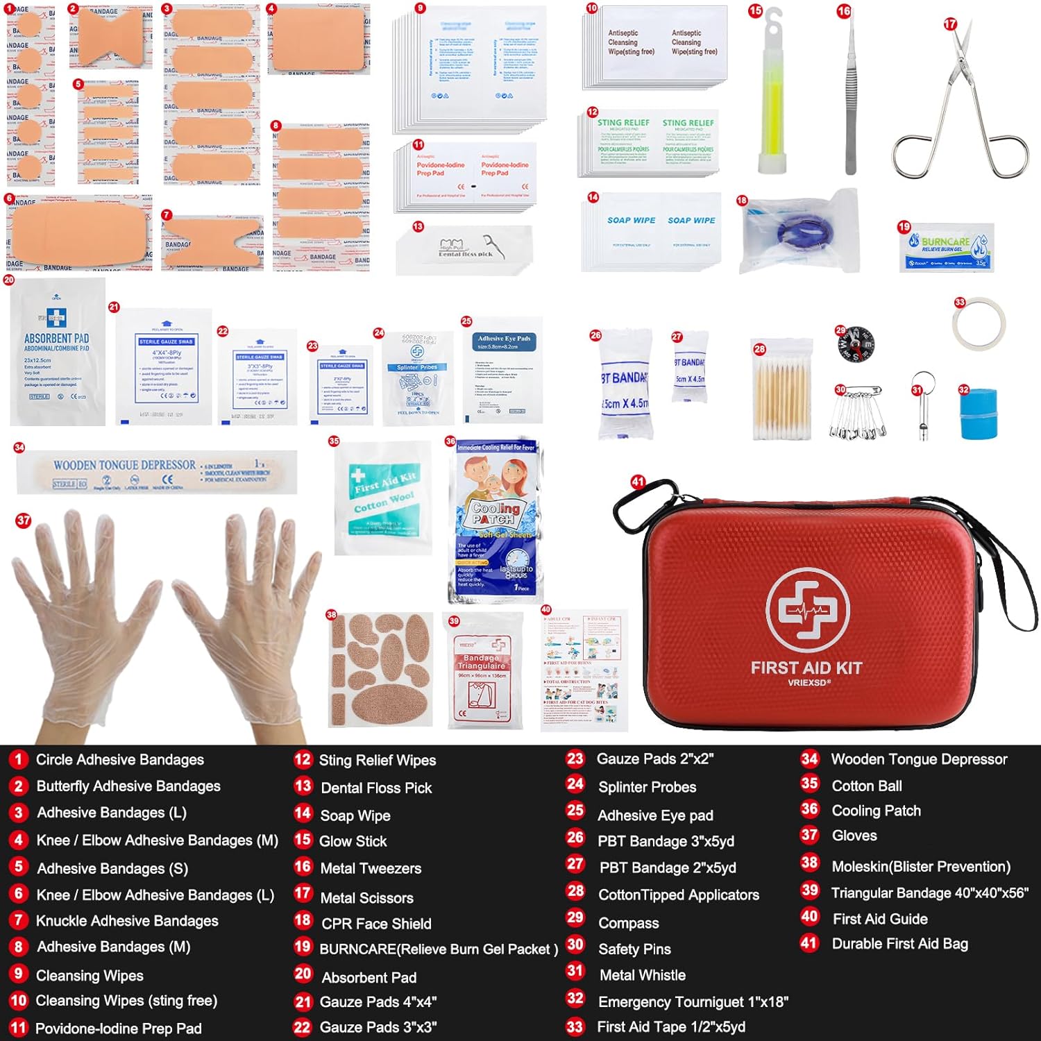 VRIEXSD Premium First Aid Kit - 320-Piece Waterproof Hard Shell for Home, Camping, Travel & Emergencies - Red