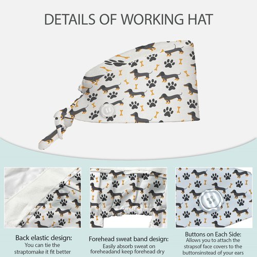 Cute Dachshund Unisex Scrub Cap with Sweatband – Adjustable Tie Back Surgical Hat for Men and Women, 2 Pcs Working Nurse Cap