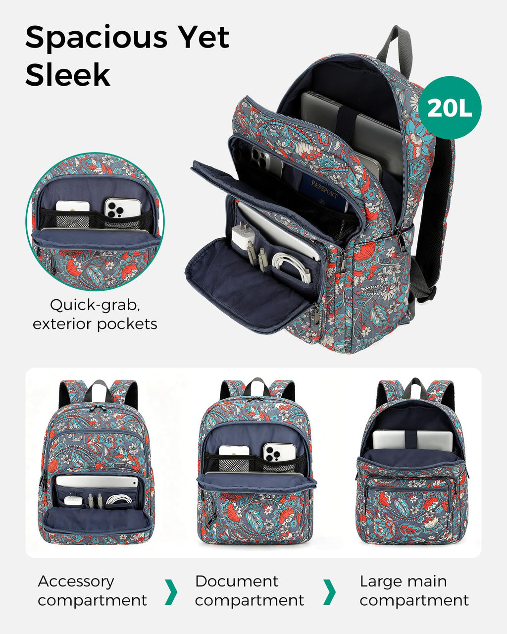 Searock Quilted Backpack for Women, Floral Backpack for Girls, Cotton Lightweight Bookbag for Travel, Work Black
