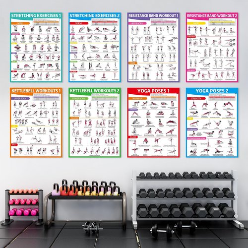 gisgfim 12PCS Workout Posters for Home Gym Dumbbells, Bodyweight, Stretching, Resistance Bands, Yoga, Kettlebells Exercise Chart Full Body Workout Poster Set Muscle Engagement Chart Garage Gym Decor
