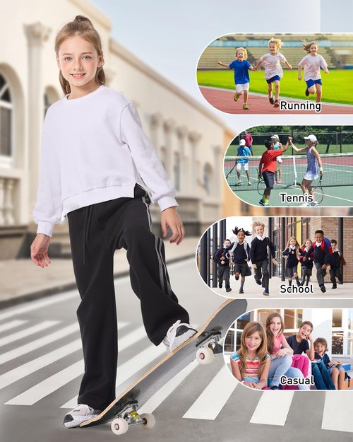 Hvididan Girls Wide Leg Sweatpants with Side Stripes High Waist Baggy Track Sweat Pants for Kids to Teens Black Size 11-12