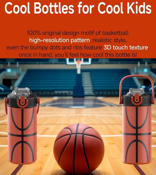 MYFOREST Insulated Kids Water Bottle - 14oz/400ml, Odor-Free Liner, Dishwasher-Safe, Soft Sipper, Basketball Gift