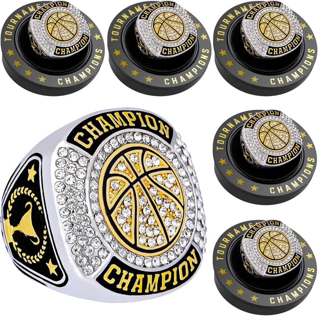 Skiennix Basketball Championship Ring Set - 12 Pcs Trophy Awards with Display Chain & Stand