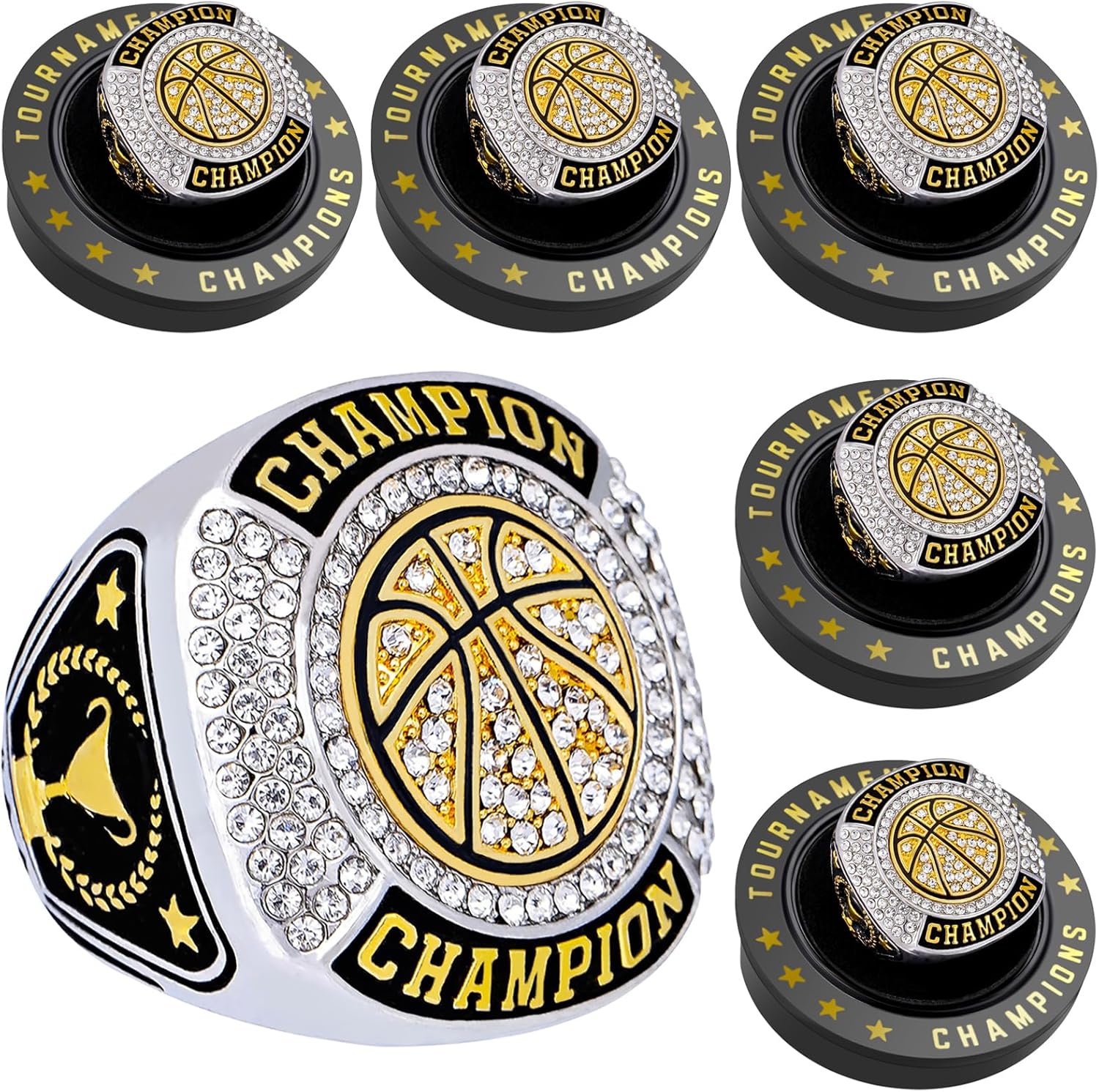Skiennix Basketball Championship Ring Set - 12 Pcs Trophy Awards with Display Chain & Stand
