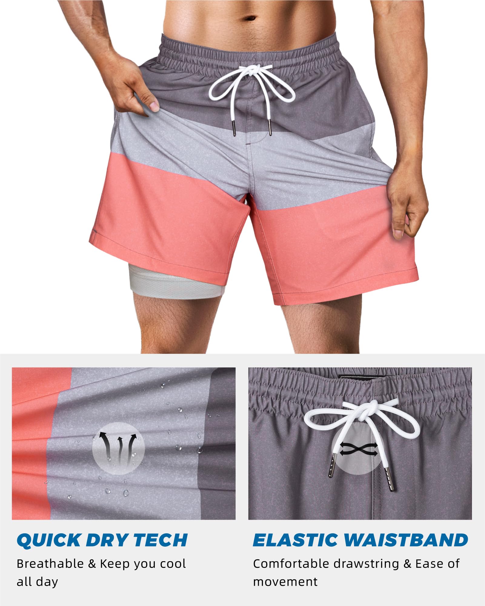 SURF CUZ Mens Swim Trunks with Compression Liner Quick Dry Swim Shorts 7" Swimming Trunks Stretch Zipper Pockets,Pink Stripes,L