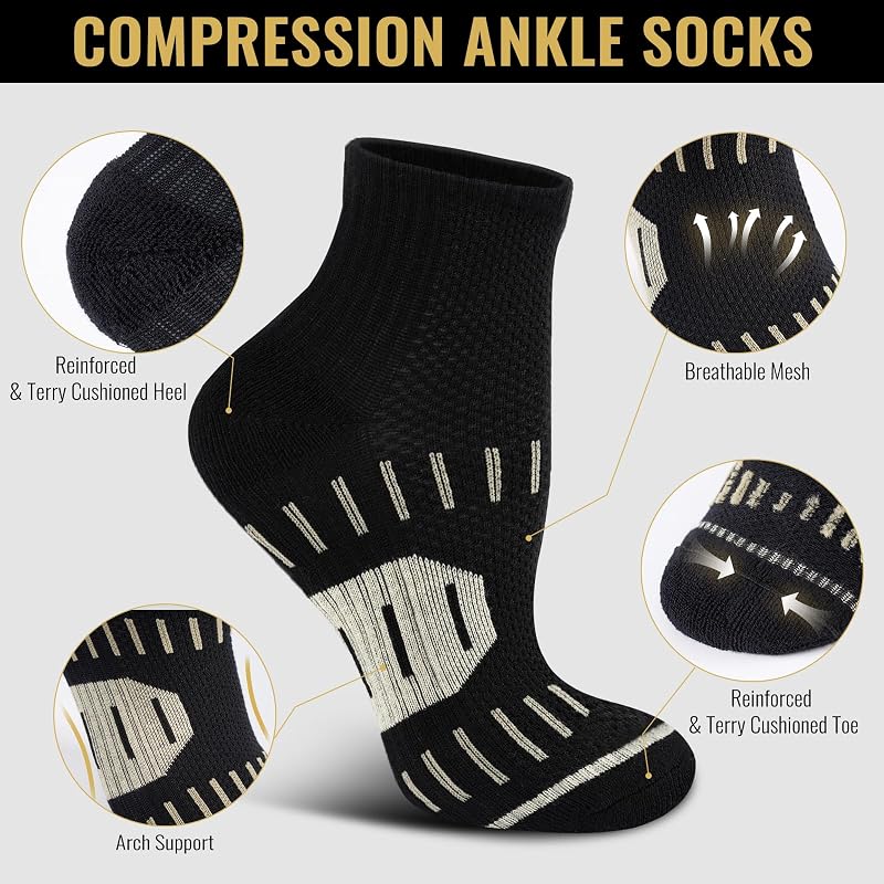 Copper Ankle Compression Socks for Men & Women – 15-20 mmHg, 6 Pairs, Black (Medium-Large) - SukModen