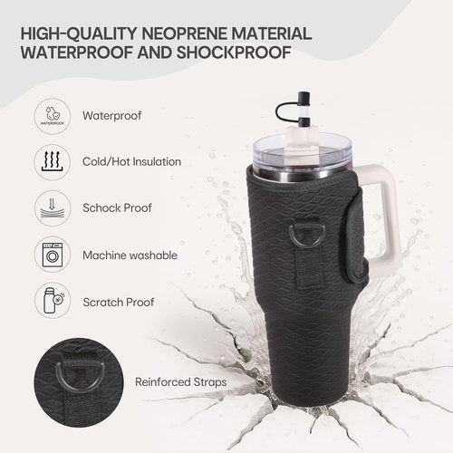 And Per Se Neoprene Water Bottle Carrier Bag - Crossbody Sling for Stanley 40oz Tumbler, Adjustable Strap & Phone Pocket (Black)