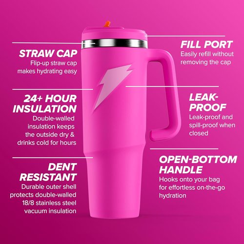 Gatorade Stainless Steel Tumbler Water Bottle - Pink Double-Wall Insulation | 36 Fl Oz Capacity