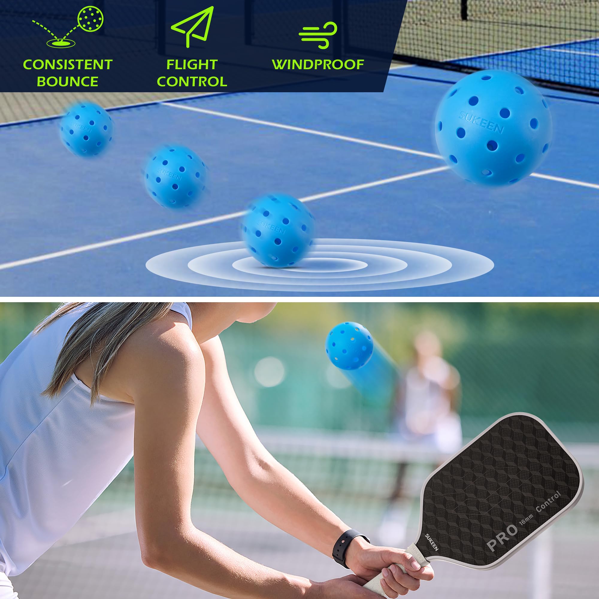 Sukeen Outdoor Pickleball Balls 40 Holes, High Bounce True Flight Pickleball Ball, High Visibility Outdoor Pickleballs, High Elasticity Pickle Balls with Mesh Bag, 20 Pack Blue