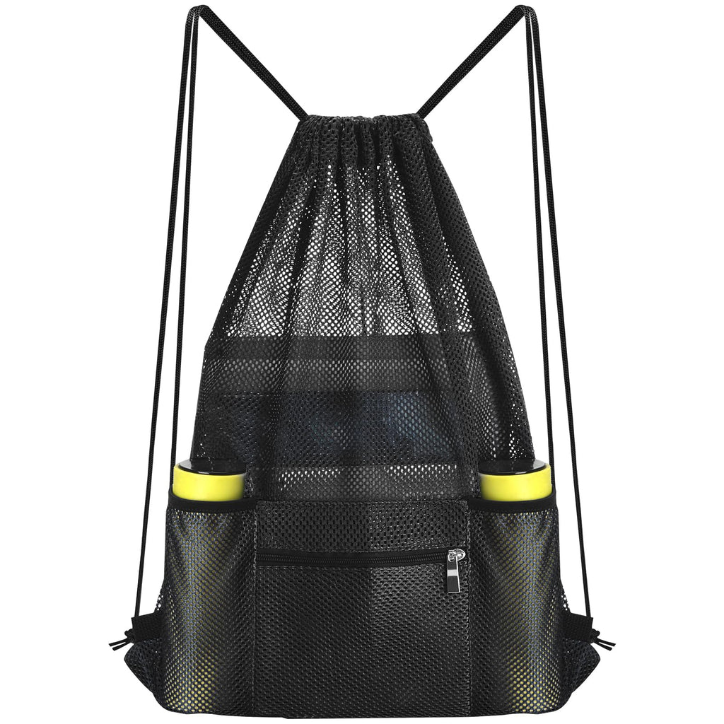 NATURAL STYLE Mesh Drawstring Backpack Bag, Gym Sports Bag with Zipper Pocket Bottle Holder, String Beach Bag for Swiming Travel (Black)