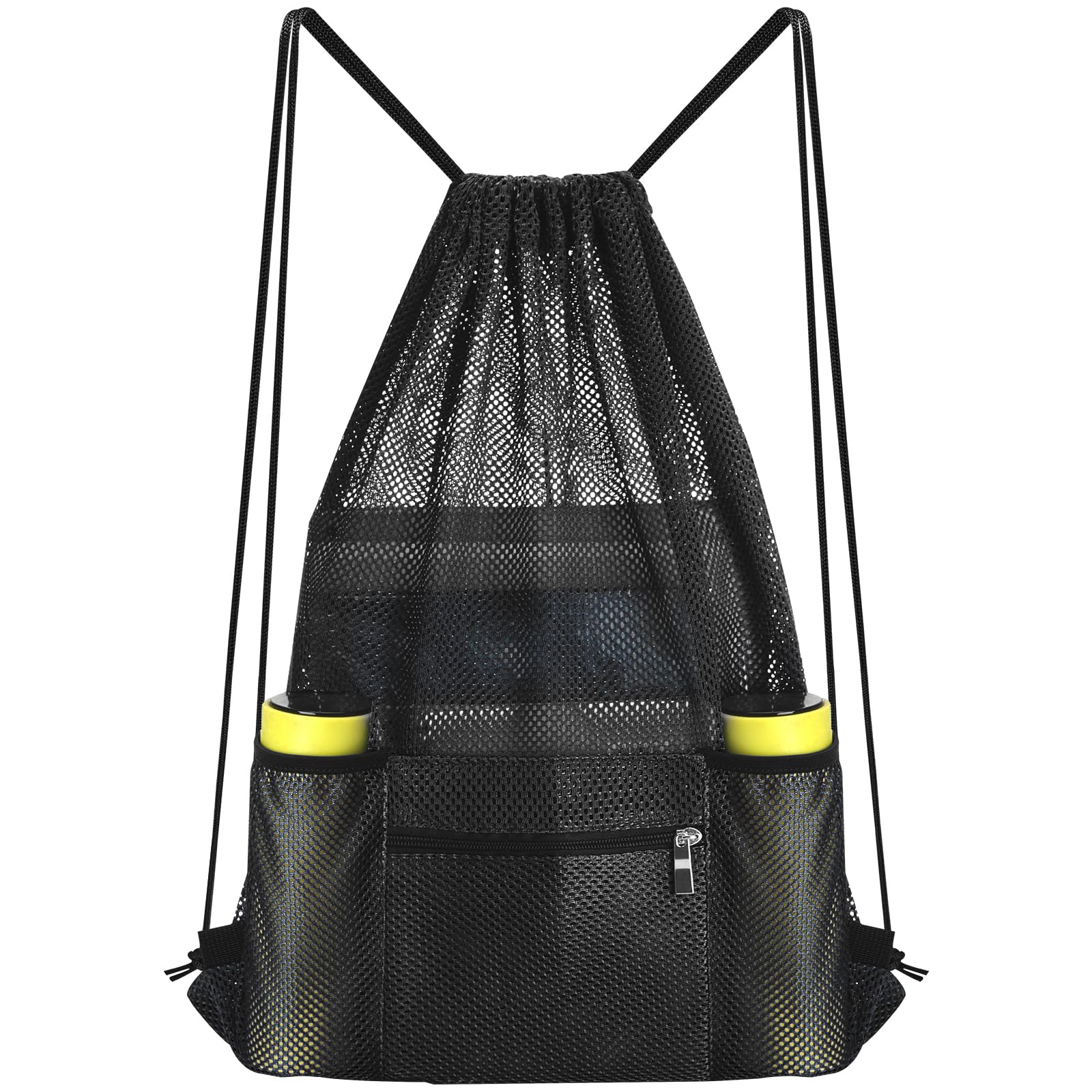 NATURAL STYLE Mesh Drawstring Backpack Bag, Gym Sports Bag with Zipper Pocket Bottle Holder, String Beach Bag for Swiming Travel (Black)