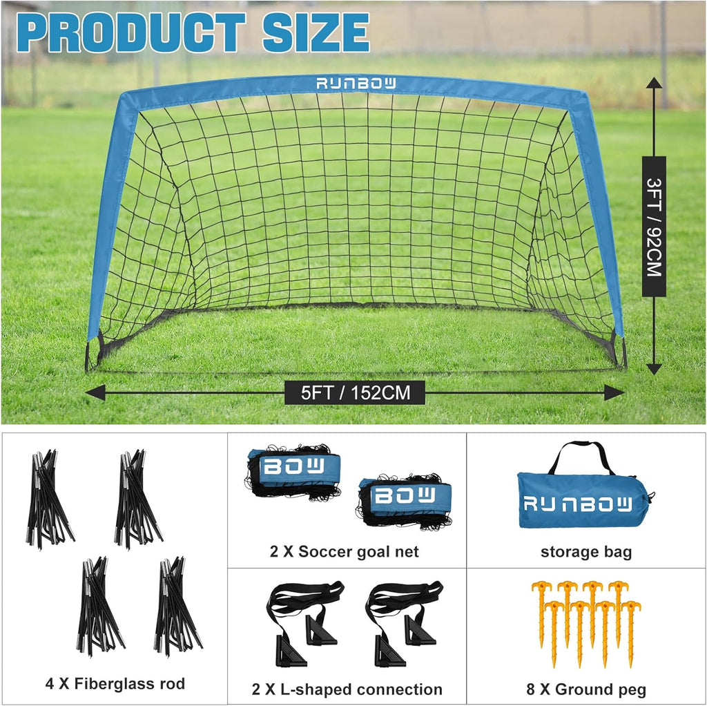 RUNBOW Kids Soccer Goal - 5x3 FT Portable Folding Net with Carry Bag for Indoor/Outdoor Training