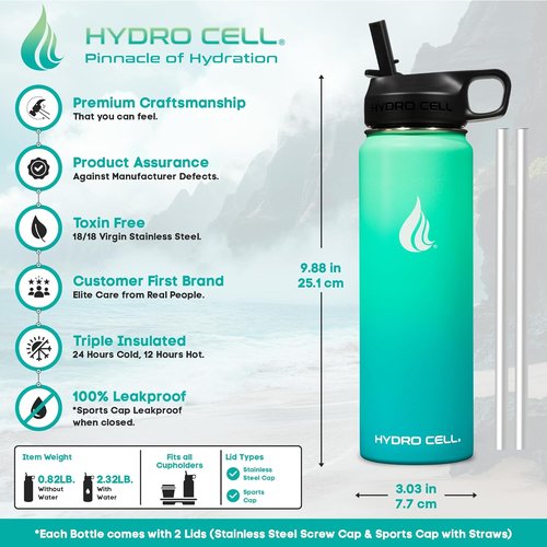 HYDRO CELL Stainless Steel Insulated Water Bottle - Leakproof Thermos for Hot & Cold Drinks | 24oz Mint Green