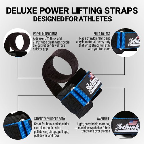 Schiek Dowel Lifting Straps with Wrist Support, blue, One size fits all