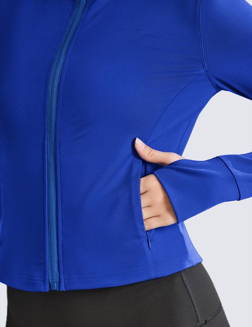 PINSPARK Cropped Workout Jacket for Women Light Weight Long Sleeve Yoga Track Jackets Full Zip Golf Sports Jacket with Pockets Royal Blue S