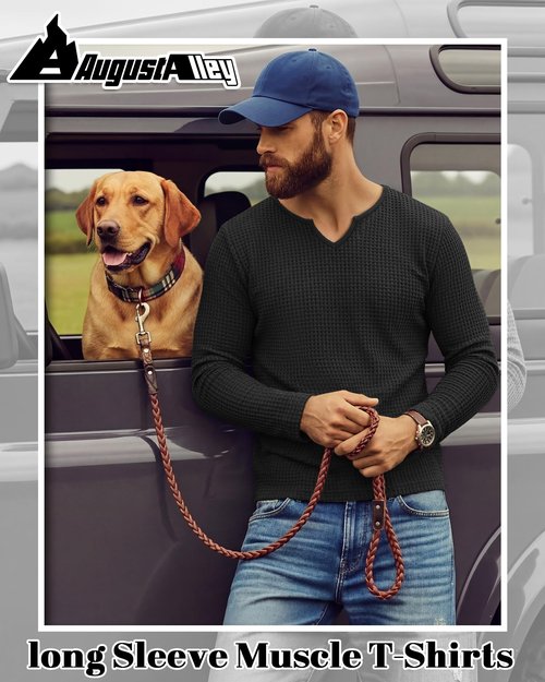 August Alley Men's Waffle V Neck Shirt Long Sleeve Thermal Pullover Top Casual Stretch Lightweight Undershirt(Black,X-Large)