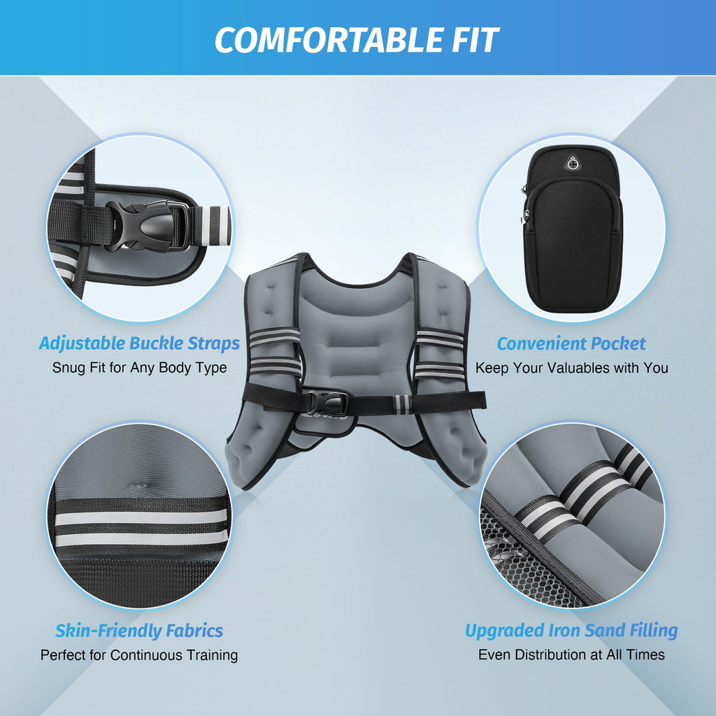 ZELUS Weighted Vest, 6lb/8lb/12lb/16lb/20lb/25lb/30lb Weight Vest with Reflective Stripe for Workout, Strength Training, Running, Fitness, Muscle Building, Weight Loss, Weightlifting, Grey(12lb)