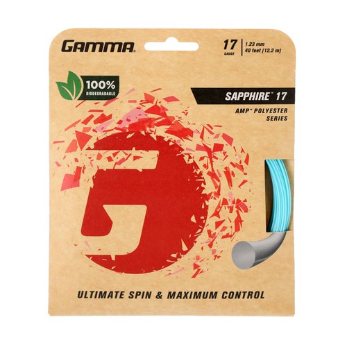 Gamma Sapphire Tennis String Reel, 40 Ft Earth-Friendly Tennis Racket Strings with AMP Copolyester Technology for Effortless Spin and Precision, 16 and 17 Gauge Options, 17 Gauge