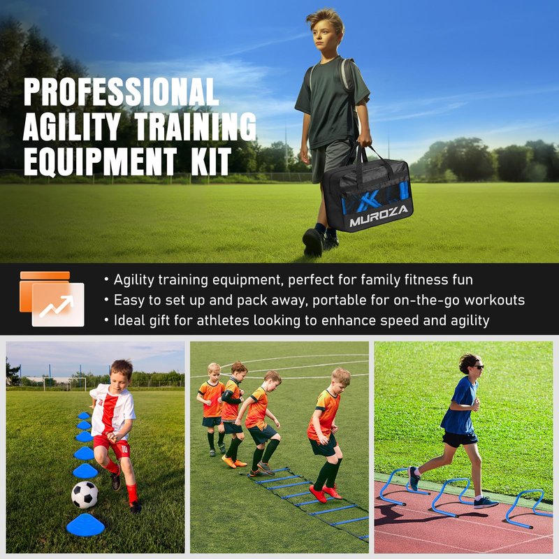 MUROZA Agility Ladder, Agility Speed Training Equipment Set, 20ft Speed Ladder, 12 Soccer Cones, 4 Hurdles, Jump Rope, Running Parachute, Soccer Football Basketball Training Equipment Accessories