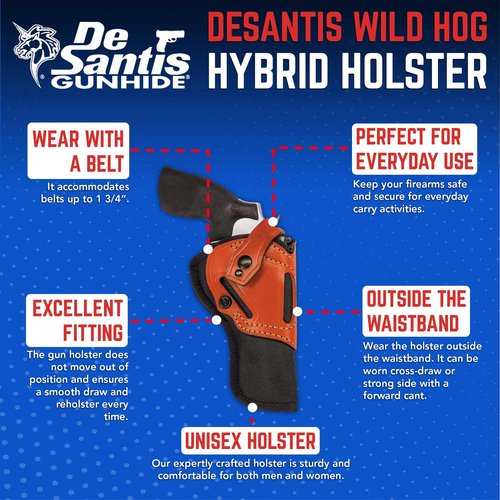 DeSantis The Wild Hog Hybrid Gun Holster, Fits S&W N 6"-6 1/2", D/W 41VH, 44VH 6", COLT Anaconda 6", S&W Classic Hunter 6 1/2", Built from 1060D Senior Ballistic Nylon, Ambidextrous