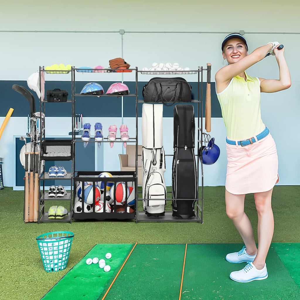Skiennix Large Garage Sports Equipment Organizer - Upgraded Rack with Holder & Hooks for Balls | Indoor/Outdoor Basketball Storage