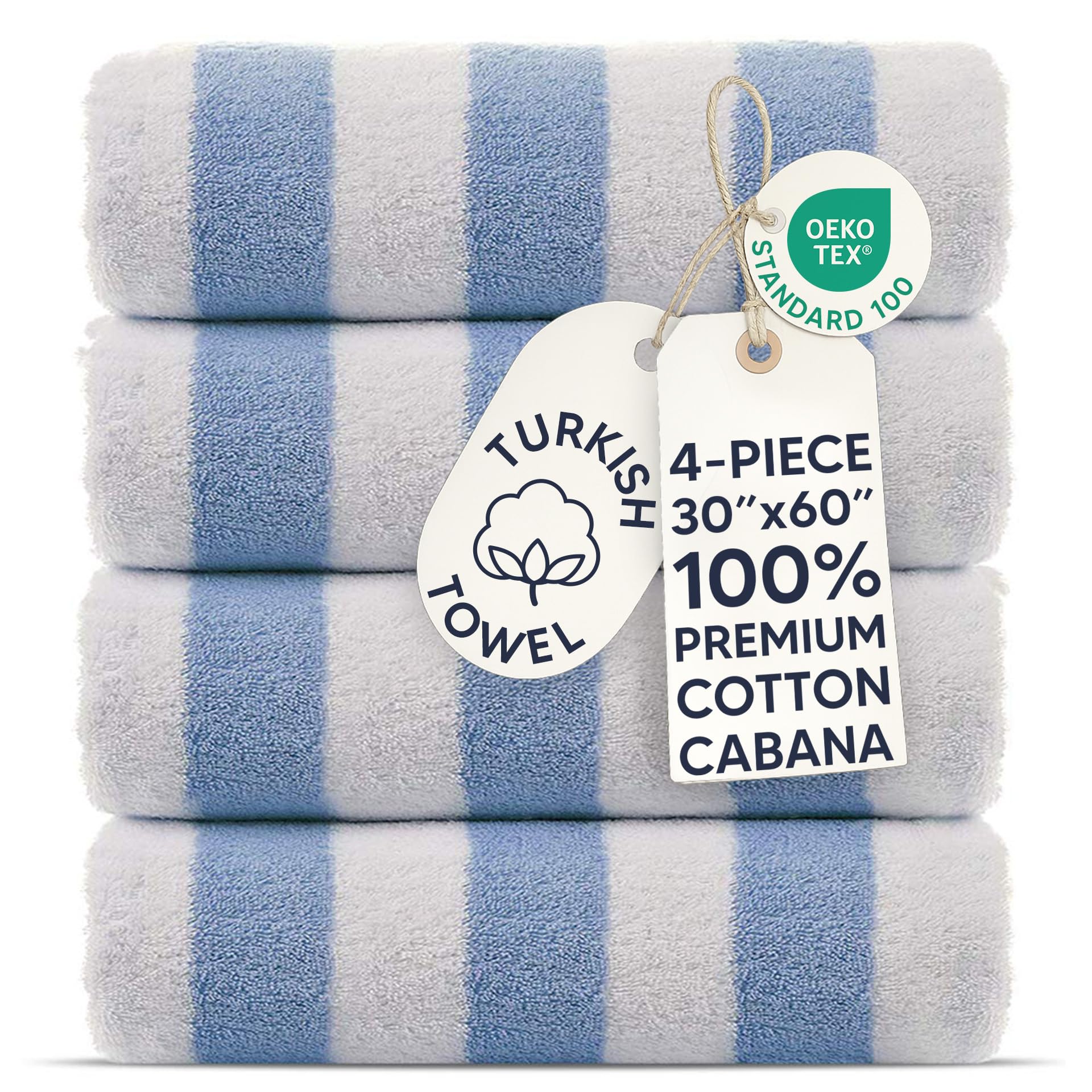 Chakir Turkish Linens Premium Quality 100% Cotton Turkish Cabana Thick Stripe Pool Beach Towels 4-Pack (Light Blue, 30x60 Inch)