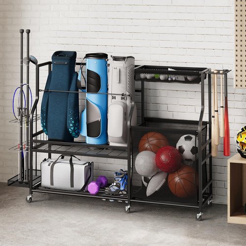 DWVO Golf Bag Organizer for Garage, Golf Storage Stand with Casters, Garage Sports Organizer for Balls, Rackets, Roller Skates and Other Sport Equipments