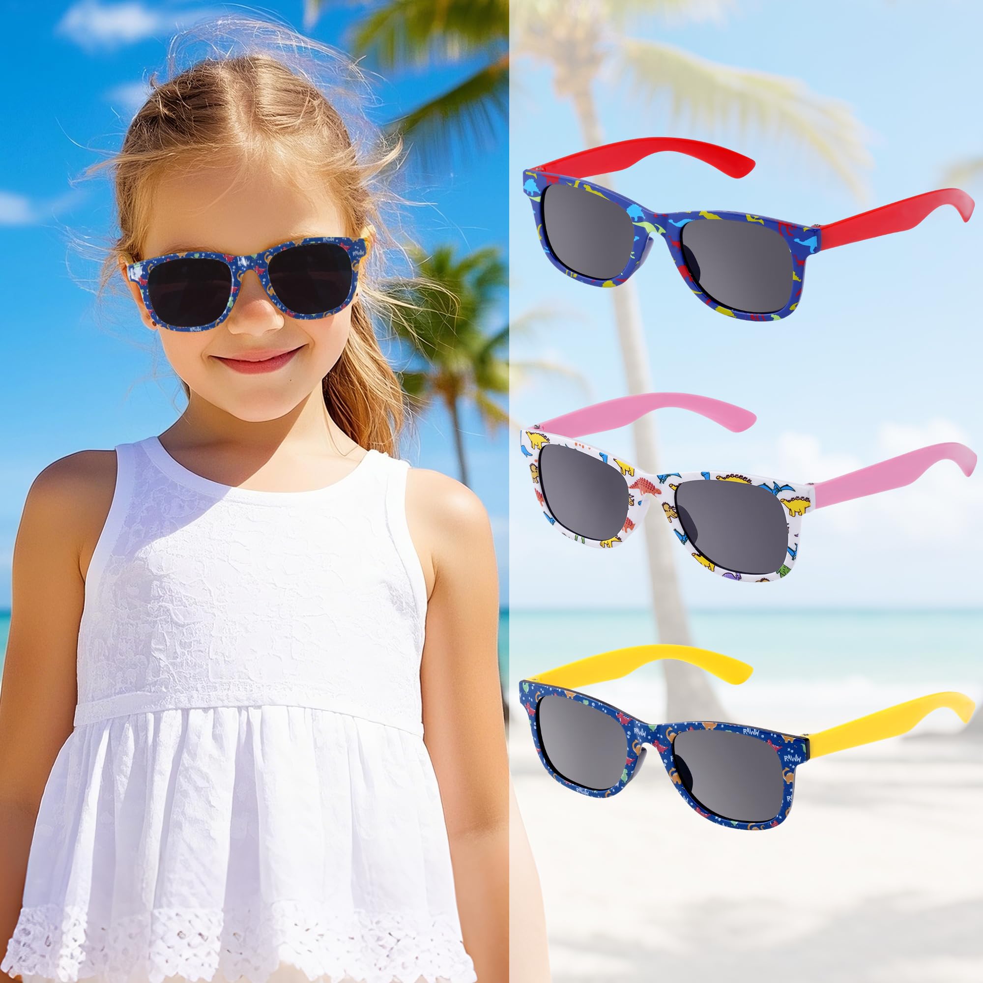 obmwang 3 Pack Kids Sunglasses Stylish Cute Dinosaur Glasses for Toddler Girls Boys Outdoor Beach Eyewear