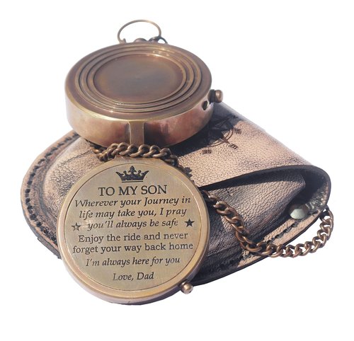 Brass Engrved Compass for Men, Pocket Compass with Leather Case, Antique Handmade Religious Gift Idea for Graduation, Communion, Baptism (to My Son, Love Dad)