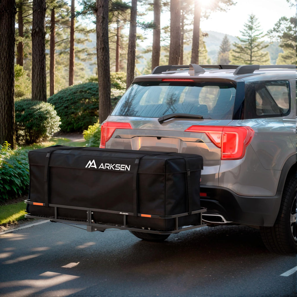 ARKSEN 60" x 23" x 5.5" Folding Hitch Cargo Carrier Basket w/Waterproof Cargo Bag(16.5 Cu Ft), Net, Hitch Stabilizer, 2 Ratchet Straps, 500 Lbs Heavy Duty Rear Trailer Cargo Rack Fits 2" Receiver