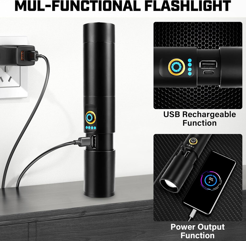 Skiennix Rechargeable Flashlight - 2000 Lumen Super Bright LED with 5 Modes | USB-C Battery Powered for Outdoor Use