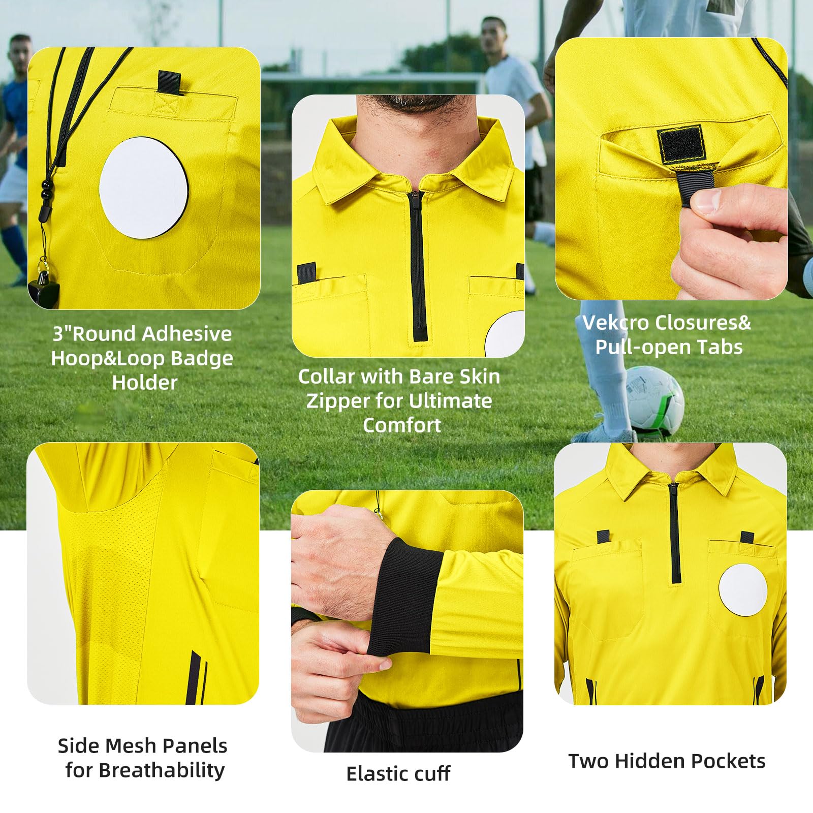 CUTIEHON Soccer Referee Jersey, Long Sleeve Official Pro Soccer Referee Shirt, Featuring a Badge Holder & Pockets