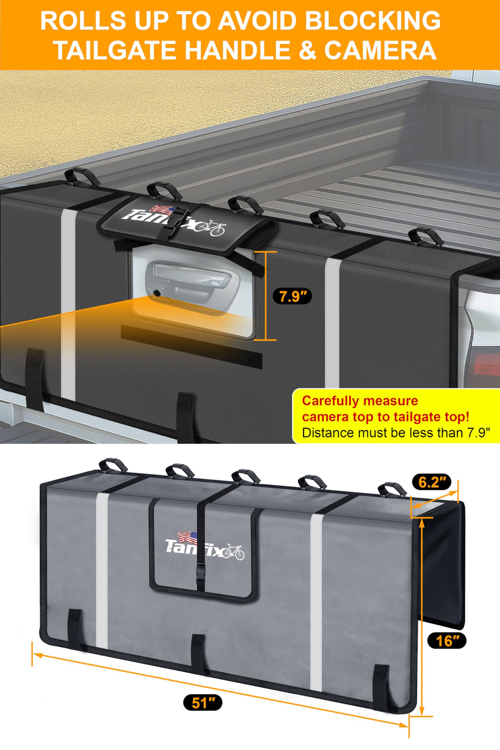 Tanfix Tailgate Pad for Mountain Bikes, 51" Tailgate Protection Pad for Compact & Mid-Size Trucks, Holds Up to 5 Bikes, with Tool Pockets, Backup Camera Access Flap
