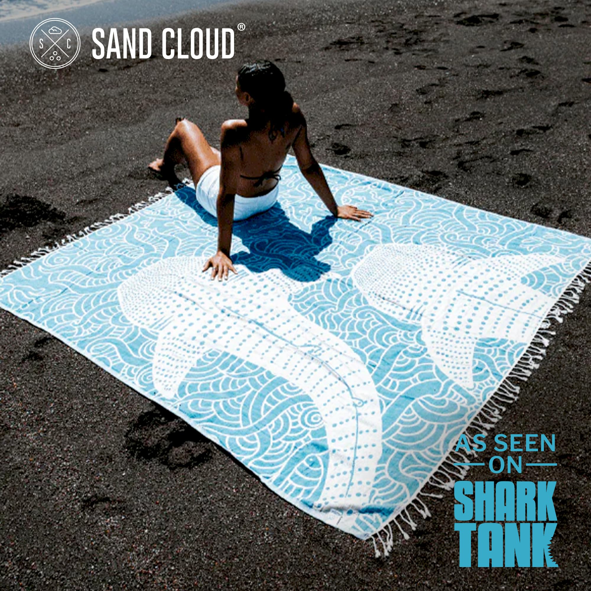 Sand Cloud Large Turkish Beach Towel - Sand Resistant - 100% Organic Turkish Cotton Yarn - Quick Dry Towel for Beach Blanket or Bath - As Seen on Shark Tank - Marine Life (Whale Shark Turquoise)