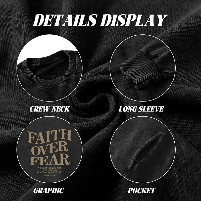 Faith Over Fear Sweatshirt for Women - Oversized Jesus Bible Verse Hoodie, Acid Wash Pullover (Black, Large)