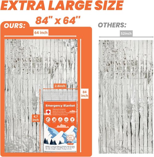 Emergency Thermal Blankets - 6 Pack Extra Large Mylar Survival Blankets | 84” x 64” Silver Foil for Camping & Hiking