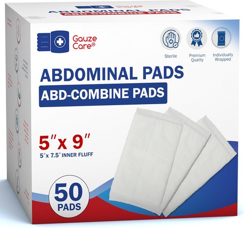 GauzeCare Sterile ABD Combine Pads - Extra Absorbent & Thick Wound Dressings | 50-Pack, 5 x 9 Inches