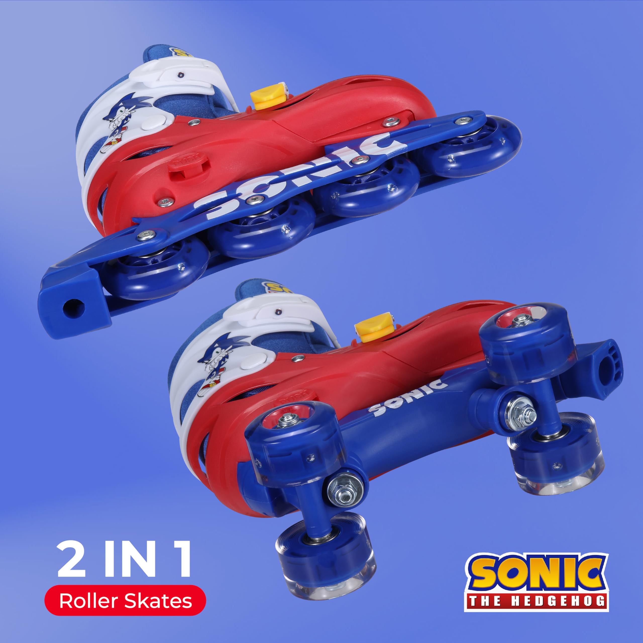 Sonic 2in1 Kids Roller Skates, Transform from Quads to Inlines Skates, Durable Hardshell Boot, LED Wheels for Quads and Inlines, ABEC-7 Carbon Steel Bearings (Size 12-2)
