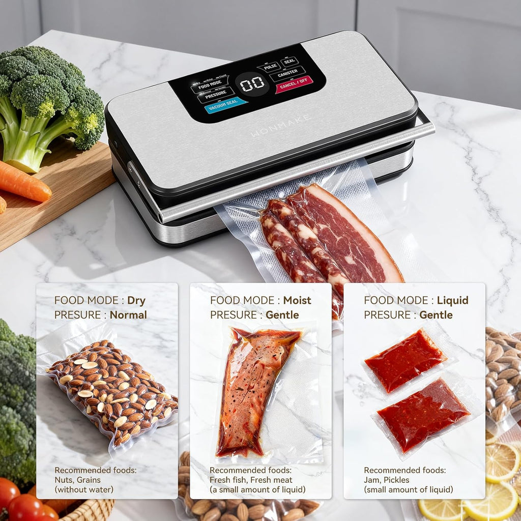 Skiennix Vacuum Sealer - Powerful 95kPa Fully Automatic 10-in-1 Food Sealer with Built-in Cutter & Roll Storage