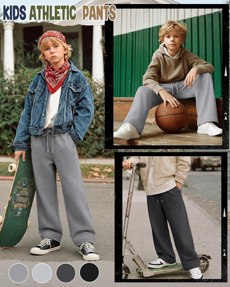 4 Pack Boys Baggy Sweatpants with Pockets - Medium Grey, Light Grey, Dark Grey, Black (5-14y)