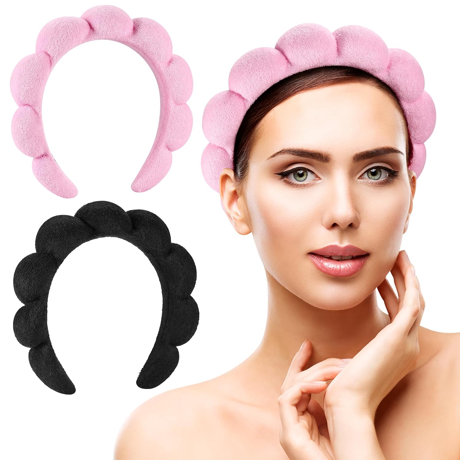 Ztomine Spa Headbands - Set of 2 Terry Cloth Skincare Headbands for Washing Face | Black & Pink