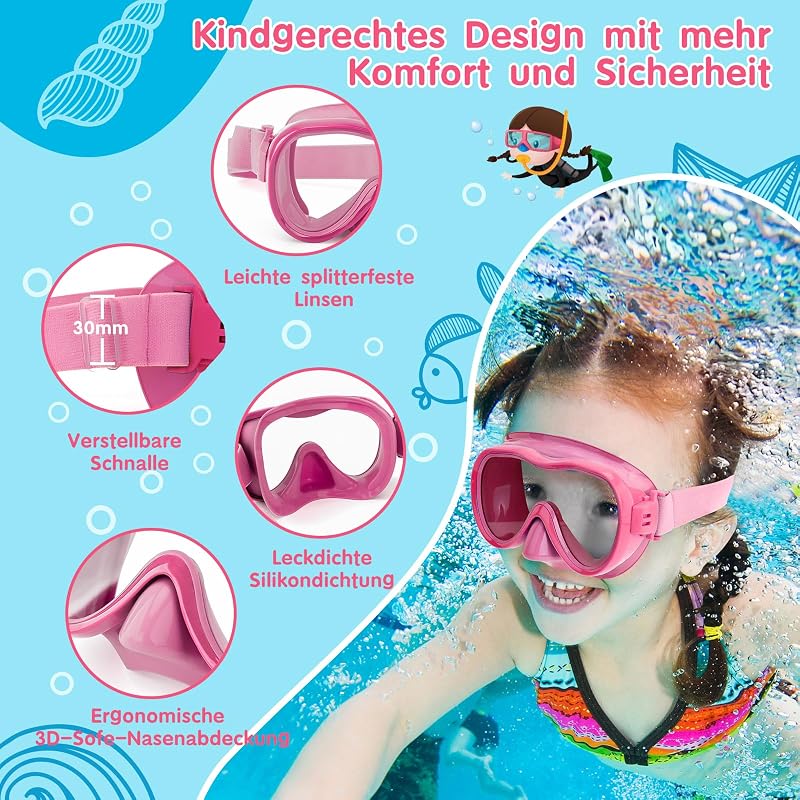 Kids Swim Goggles with Nose Cover, Anti-Fog Lenses, Adjustable Strap - All Pink (Variation of THIS listing)