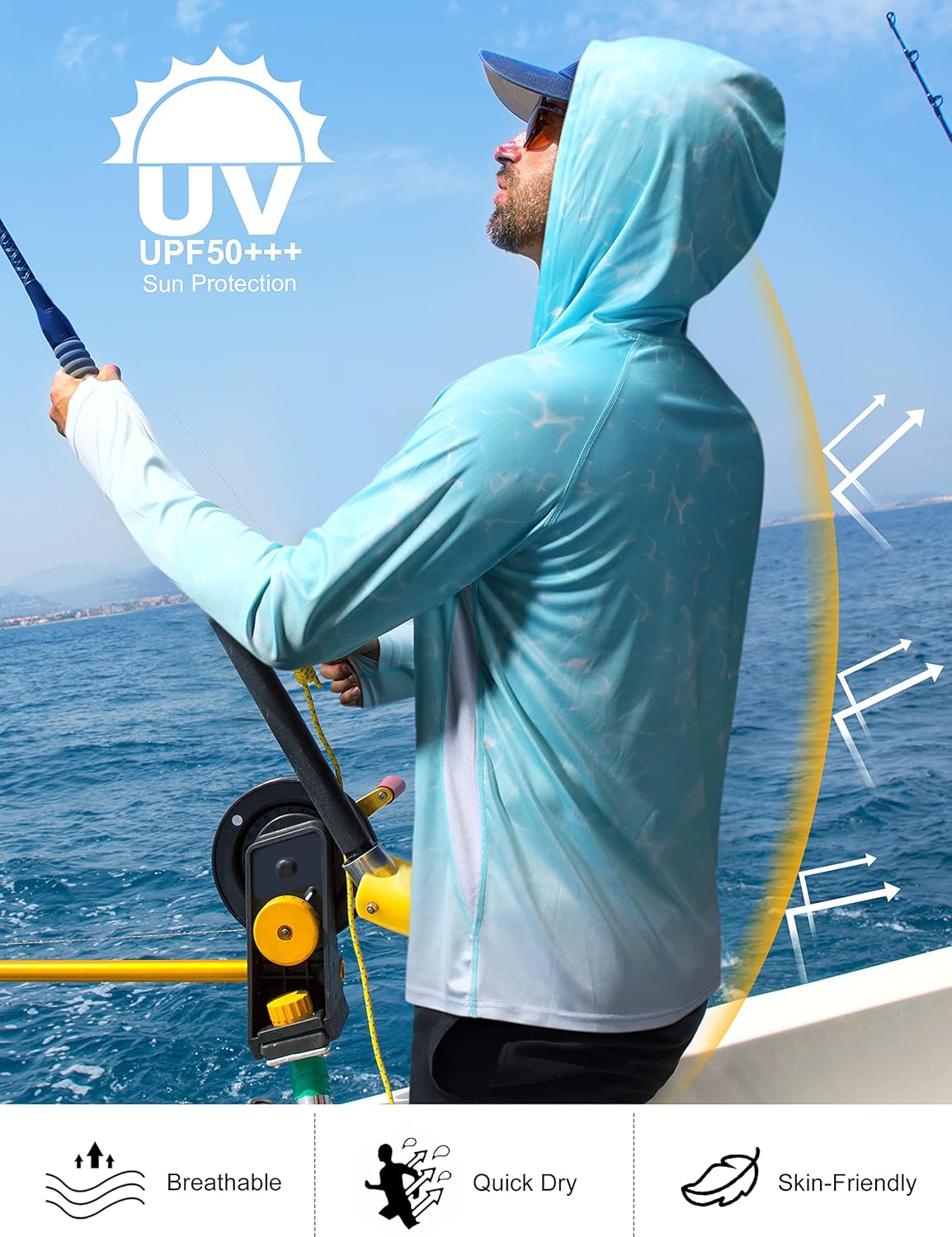 Roadbox Men's Fishing Hoodie - UPF 50+ UV Sun Protection Long Sleeve Rash Guard for Outdoor Activities