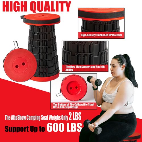 AttoShow 2025 2PCS Upgraded Collapsible Stool Thickened Set, Portable Stool Folding Stools, Foldable Chair for Camping Fishing Hiking BBQ and Outdoor Activities - Max 500lbs (Red)